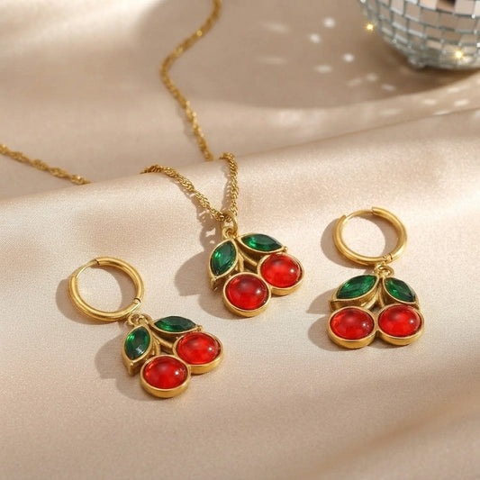 Gold Cherry Pendant Necklace and Earring Set